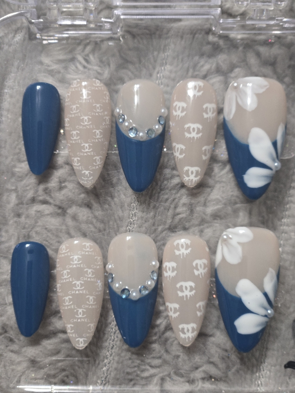 Designer-Inspired Blue & Beige Floral Acrylic Nail Set